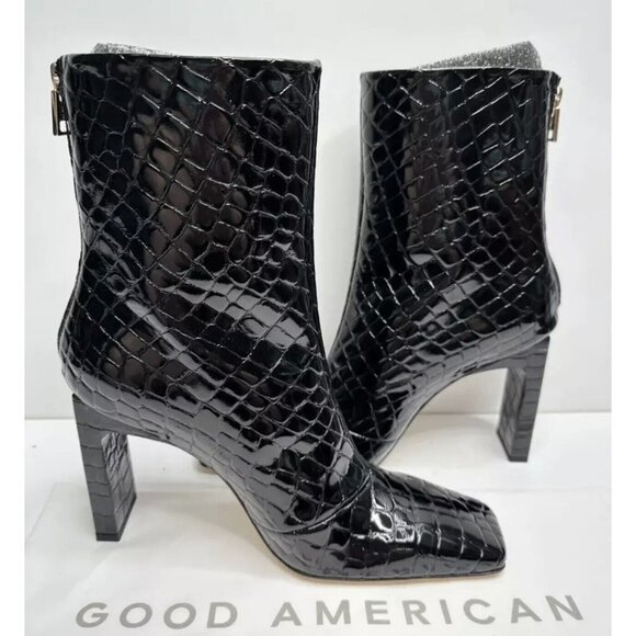 Good American Boots Womens Size 7 Black Square Toe Croc Embossed Ankle NEW - Picture 1 of 10